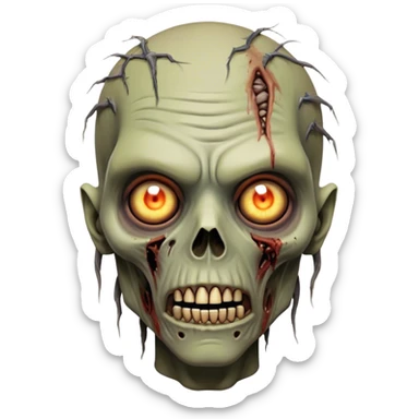 Cinematic Realistic WoW undead friendly zombie Portrait, head tilted epicly and inquisitively, showcasing grim resilience and defiant strength. His withered, pallid skin and intense, glowing eyes contrast starkly with his worn, earth-toned clothes, rendered in meticulous detail. With dynamic, high-contrast lighting and high shine, this portrait exudes an epic aura, capturing the relentless will of a battle-hardened undead friendly zombie. sticker