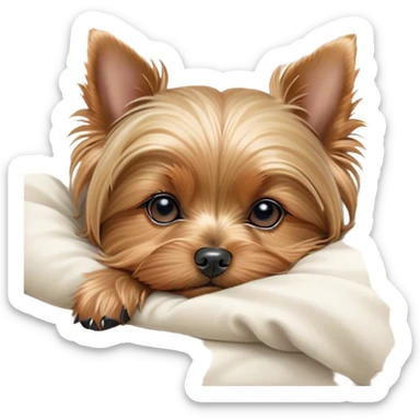Meme-Worthy Cute Sleeping Yorkshire Terrier Portrait Emoji, Head resting gently with a peaceful, contented expression and softly closed, dreamy eyes, featuring a well-groomed, silky fur in rich hues, simplified yet irresistibly endearing, highly detailed, glowing with a gentle, drowsy radiance, high shine, exuding relaxed, heart-melting charm, styled with a soft glowing outline, capturing the essence of a sleeping Yorkshire Terrier that looks as if it could drift off into a sweet, meme-worthy slumber! sticker