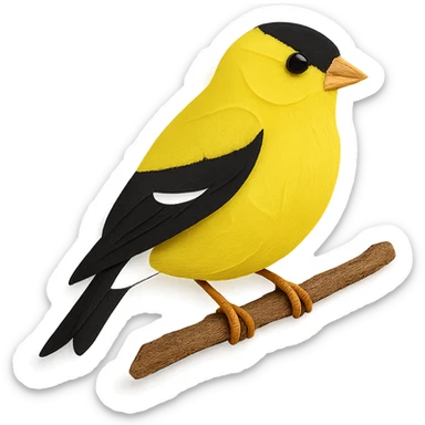 close-up of an American Goldfinch perched on a tree branch, fine paper edges, bright yellow feathers, black wings, soft white belly sticker