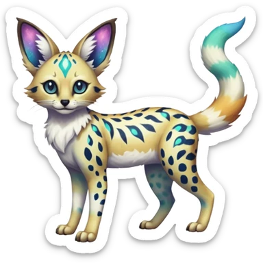 Rare iridescent white exotic epic aesthetic colorful Trico-Eevee-Serval-Genet-Civet-species-Fakemon-hybrid-creature, with intricate tattoo markings, full body sticker