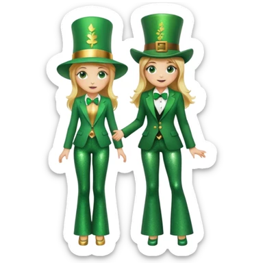 Blonde haired girl in glittery green bell bottoms and tall leprechaun hat and blazer sticker