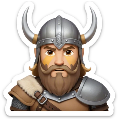 Clash of Clans aesthetic: Cinematic Fierce Viking Portrait Emoji, Poised and bold with a rugged yet stylized build, wearing a simple horned helmet and sporting a neatly trimmed beard, his face rendered in a natural skin tone, intense eyes reflecting fierce determination, Simplified yet dynamic features, highly detailed, glowing with a cool, battle-ready radiance, high shine, brave and resolute, stylized with an air of ancient Nordic valor, focused and commanding, soft glowing outline, capturing the essence of a fearless Viking adventurer ready to set sail on epic quests! sticker
