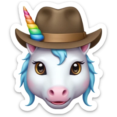unicorn face cute wearing fedora, horn piercing through the hat looking in the camera sticker