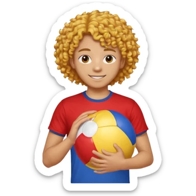 una persona de 18 años marron clarito con el pelo amrillo rizado con una camiseta roja y azul con un logo circular dorado y levantando un balon de playa sticker