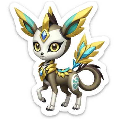 Arrow-patterned chevron-marked Cute Big-eyed anime-styled Colorful Shiny Tribal Skeletal masked armored Meloetta-Silvally-Solgaleo-Raikou-Pokémon-Digimon-Fakémon-fusion-hybrid-creature, full body sticker