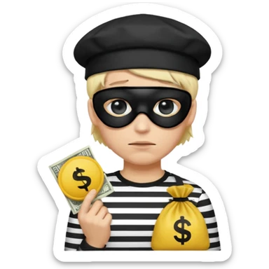 Realistic ios emoji-style portrait of a classic burglar, a black eye mask and a black-and-white striped shirt. emoji-like hair, black hat, a bag of money 💰 with a dollar sign in a right corner, mean expression  sticker