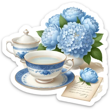A serene still life of a vintage porcelain teacup with delicate blue floral patterns, resting on a lace tablecloth, accompanied by a handwritten love letter tied with a pearl ribbon and surrounded by white peonies and pale blue hydrangeas. sticker
