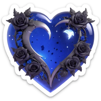 gothic heart in dark blue glass, with a silver crescent moon, small black roses, shimmering stardust, lightning bolt motif, rain-soaked glossy look, visible cracked glass texture sticker