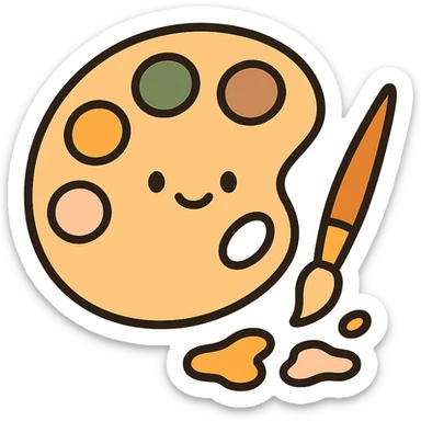 A cute and charming artist’s paint palette with dabs of paint in a warm, cozy color scheme: golden orange (FA9B41), deep forest green (4A7C5C), muted taupe brown (96775A), and pastel peach (FFCC9A). The wooden palette has a soft, rounded shape with a smooth finish, and the paint blobs are arranged neatly like little candy drops. Some splashes of color are playfully smeared nearby, and a tiny paintbrush rests beside the palette. The overall mood is light, artistic, and whimsical, with soft lighting and a gentle, creative atmosphere — perfect for a dreamy, storybook-style illustration. sticker