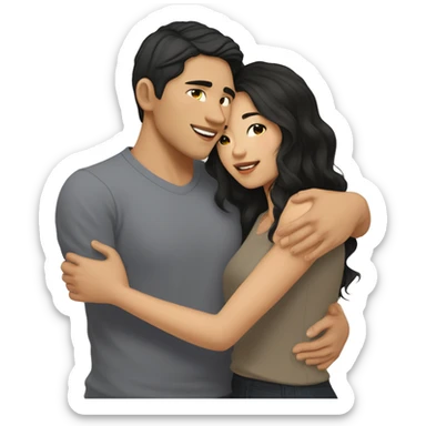 A half pale Asian man with short dark hair and amber eyes embracing and loving a half Asian woman with long wavy dark hair and dark hazel eyes. They love each other a lot And have good fashion taste. And are having a lot of fun sticker