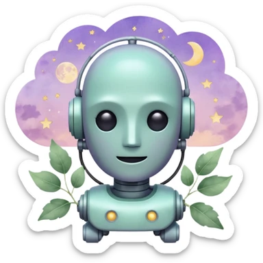 watercolor-style emoji of a robot head silhouette with “AI” inside a lilac cloud, connected to a soft circuit shape. gentle pastel palette (sage green, blush, lilac), surrounded by leaves, moon, and stars — poetic and calm aesthetic. sticker