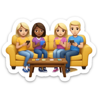 group of friends on couch playing a trivia game couch should be deep dark yellow color.  include a small wooden table in front of the couch as well sticker