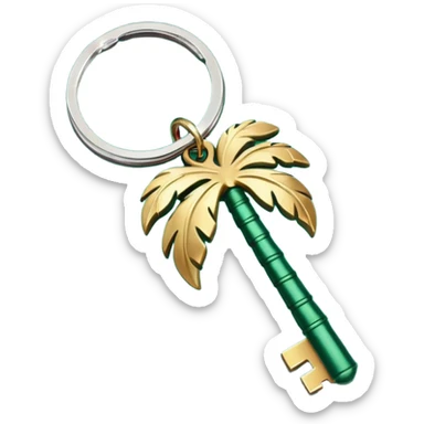 keys on a dark green palm-shaped keychain sticker