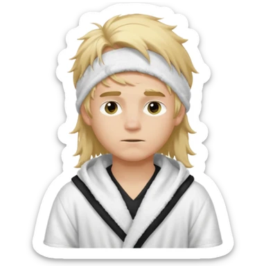 Create a blond boy with long, messy hair, light eyes, a white t-shirt, rich, with long hair, blue eyes, medium-length, voluminous hair, wearing a black Nike bathrobe and a little blush near his nose. and with a balaclava, type bandit balaclava sticker