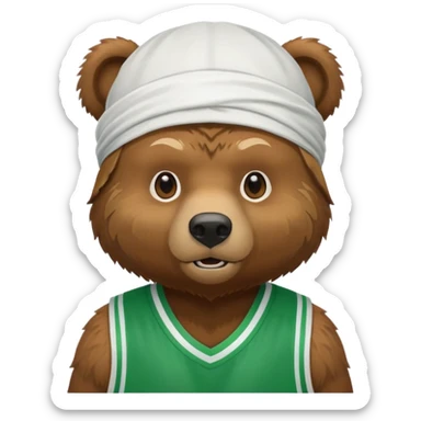 cute Russian grizzly bear wearing a white durag and a green basketball jersey sticker