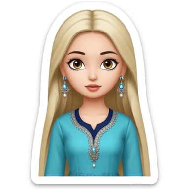 generate a pretty bratz girl wearing a kurti, eyeliner on, long straight hair, silver jhumkas in ear sticker