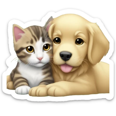 Tuxedo cat kitten and golden retriever puppy being friends sticker