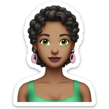 Create an emoji-style character of a WHITE skin girl with bright green eyes, long black curly or wavy hair, wearing hoop earrings. She has a green v-neck top, wears mascara, and is styled with soft pink mauve lipstick sticker