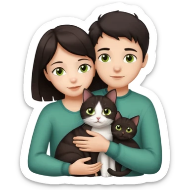 Crea un emoji donde salga un chico de pelo moreno con los ojos claros, una chica de pelo morena con los ojos marrones y UN gato europeo comun de pelaje oscuro y ojos verde claro, quiero que se esten abrazando el chico y la chica, y el gato este en el medio sticker