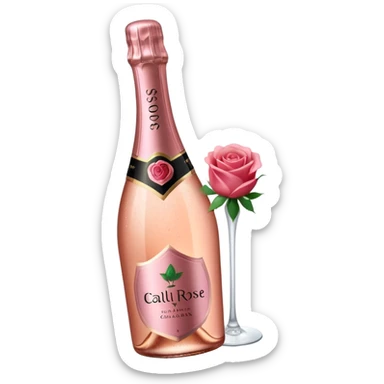 bottle of sparkling rose champagne tilted up and to the right, with a rose logo, no glass sticker