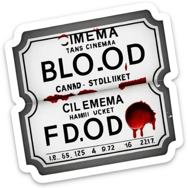 Minimalist emoji-style sticker of an old torn cinema ticket, blood-stained edges and burn holes, grayscale paper

 sticker