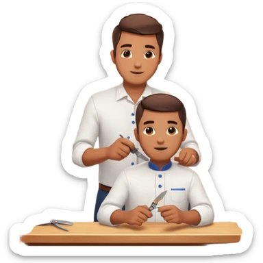 Inside a cozy barbershop with soft lighting, an experienced barber gently teaches his apprentice, guiding his hands as they cut hair together. The room is filled with warmth, plants hanging from the ceiling, and the hum of clippers sticker