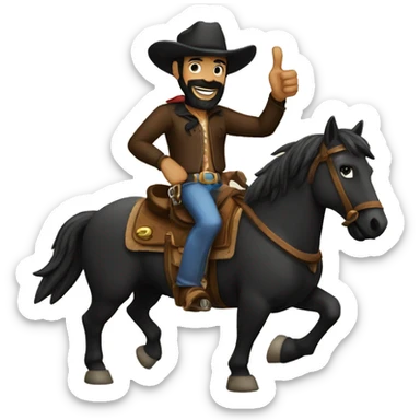 man with black beard and black eyes wearing a cowboy hat riding on his black horse making thumbs up hand gestures sticker