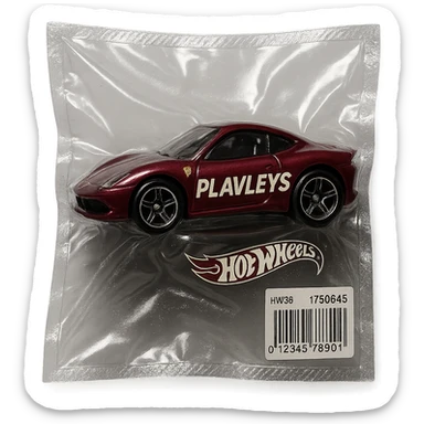 burgundy Hot Wheels toy car Ferrari with the word 'PLAVLEYS' written on the side, glossy and puffy, vacuum-sealed style sticker