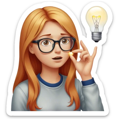 intelligent and clever, 30 year old, girl, long red and almost blond hair, glasses, has an brillant idea, rubs his nose, light bulb over the head, casual cloth  sticker