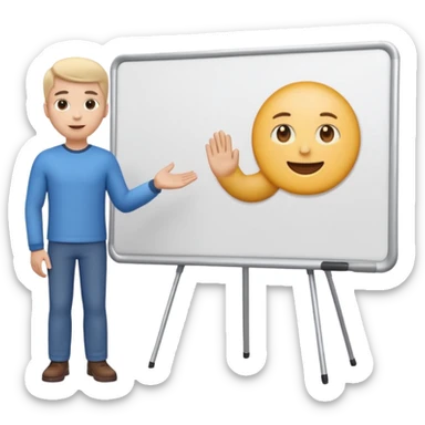 A clean emoji-style illustration of a person giving a presentation, standing next to a large presentation board on a stand, the board is oversized and clearly visible, no podium, no desk, no table, friendly proportions, soft 3D emoji style sticker