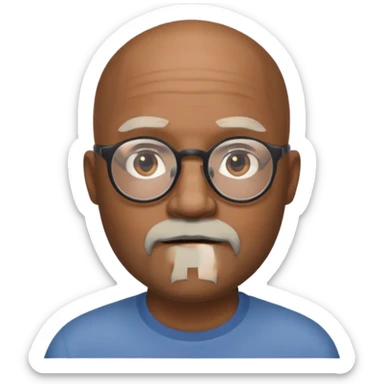 African american male, bald, gray beard. Round face, glasses sticker
