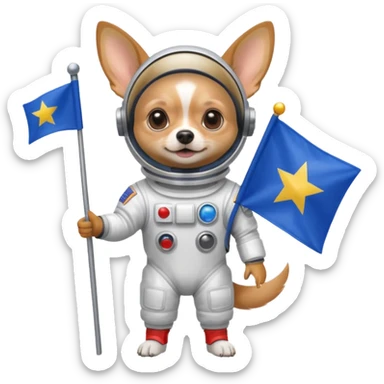 a chihuahua in space suit, holding blue rectangle flag, full body, front view sticker