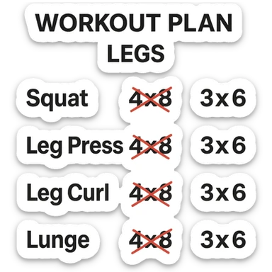 scheda di allenamento gambe con volume di allenamento ridotto (fai alcuni esercizi con 4x8 scritti in precedenza sbarrati in rosso e la correzione accanto tipo 3x6), scrivila al meglio che puoi sticker