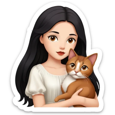 beautiful girl with long black hair wearing a white dress holding an Abyssinian cat with reddish-brown fur in her arms sticker