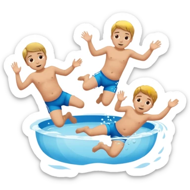 Two blond boys, the third boy with brown hair and a little baby girl with braun hair doing a belly flop in to a pool full of water. Show the pool sticker