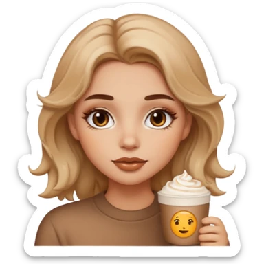 cozy warm-toned emoji girl with soft bronzy eyeshadow, fluffy brows, caramel shimmer, glossy nude lips, light contour, tousled hair, latte-inspired look sticker