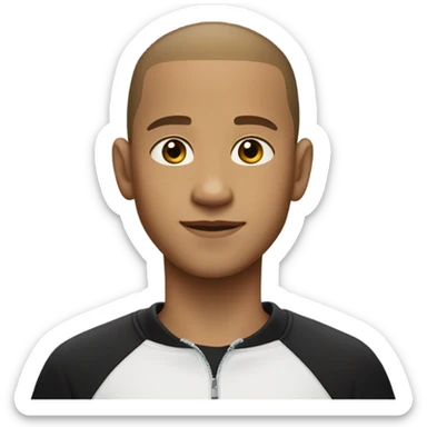 boy with very light brown skin, buzz cut, no facial hair, wearing a smart black quarter zip jumper with white t shirt underneath. sticker