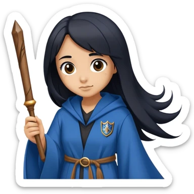 Girl with straight Long black hair and a ravenclaw Robe and a wooden wand sticker