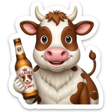 cartoon cow holding New Glarus Spotted Cow beer bottle sticker