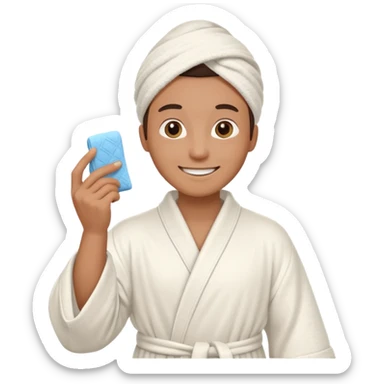 can you use this same emoji but change only the emotion to happy and giving a tip, keep the towels and robe sticker