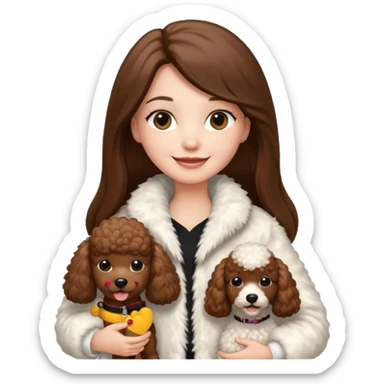 A white smiling girl with a long brown straight(middle part) hair and wearing a fur white jacket holds a brown poodle sticker