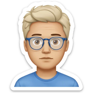 A man wearing a blue shirt over a white tshirt, with frameless glasses and having a bit messy middle part hairstyle  sticker