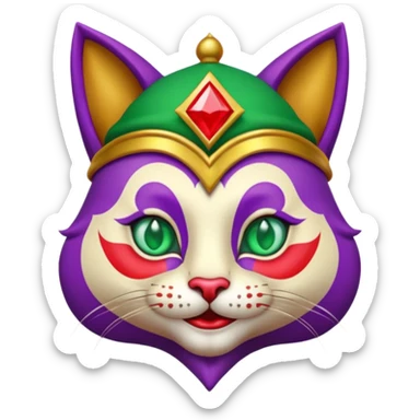 crazy colorful cute little cat jolly joker from poker, medieval, vintage, court jester, mac os icon, purple, gold and red color, half body, emerald green ice eyes, golden earrings. Squared shape as 3D mac os icon, symmetrical sticker
