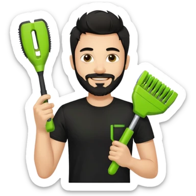 young handsome fair-skinned man with messy black hair and beard, smiling, wearing a black t-shirt, holding a palm-sized lime green trimmer in one hand sticker