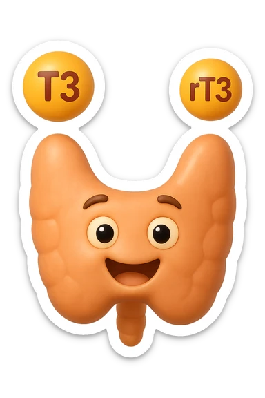 EMOJI STILE IPHONE 3D DI ormoni tiroidei (T3 ed rT3) che fluttuano in aria intorno ad una tiroide felice, iperrealistico 4k sticker