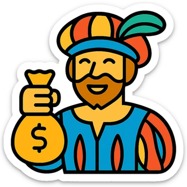 Happy Landsknecht mercenary with a bag of gold sticker