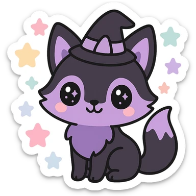 kawaii style magical gothic fox, cute face, black and purple fur, sparkling eyes, wearing a tiny witch hat, surrounded by pastel stars, enchanting and playful sticker
