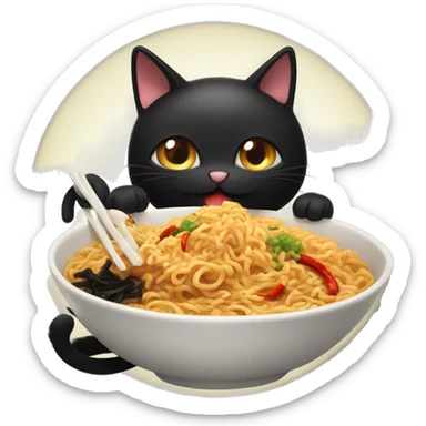 Fluffy black cat eating spicy buldak noodles  sticker