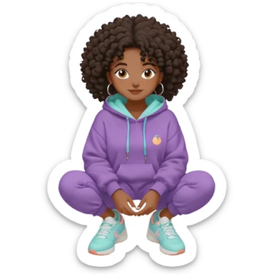 Black girl, clean girl aesthetic, 4C curly hair in a puff, pastel hoodie, white sneakers, minimal jewelry, soft smile, cozy vibe, bright colors, Apple-style skincare mood: clay mask & chill sticker