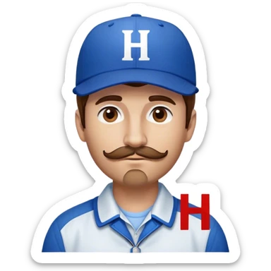 White Man with brown, short mustache, mid-length brown hair wearing blue baseball hat with the letter H on it. He is wearing a collared white dress shirt underneath a blue jacket. sticker